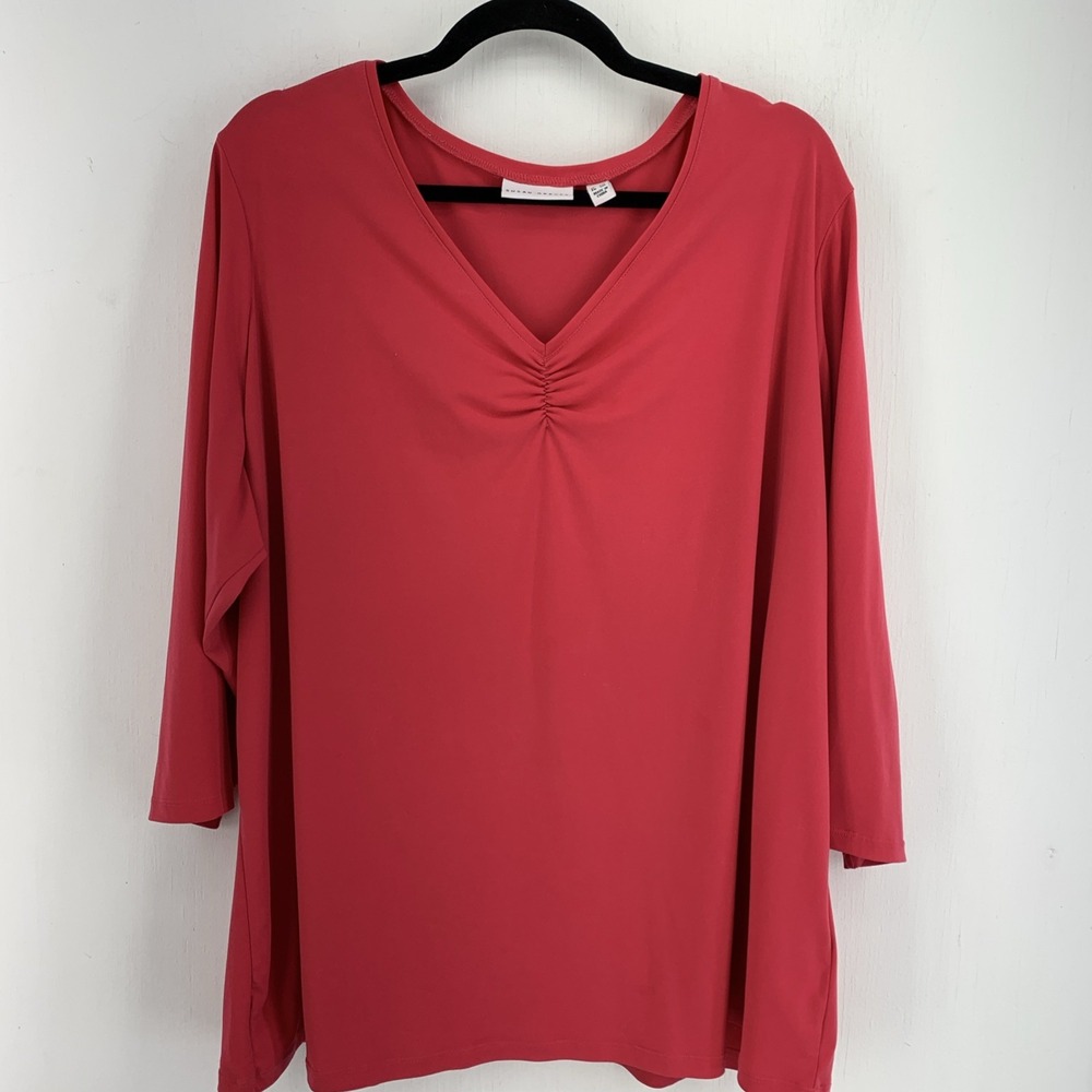 Susan Graver Womens 2X Liquid Knit Top‎ 3/4 Sleeve Ruched Neck Casual Spring